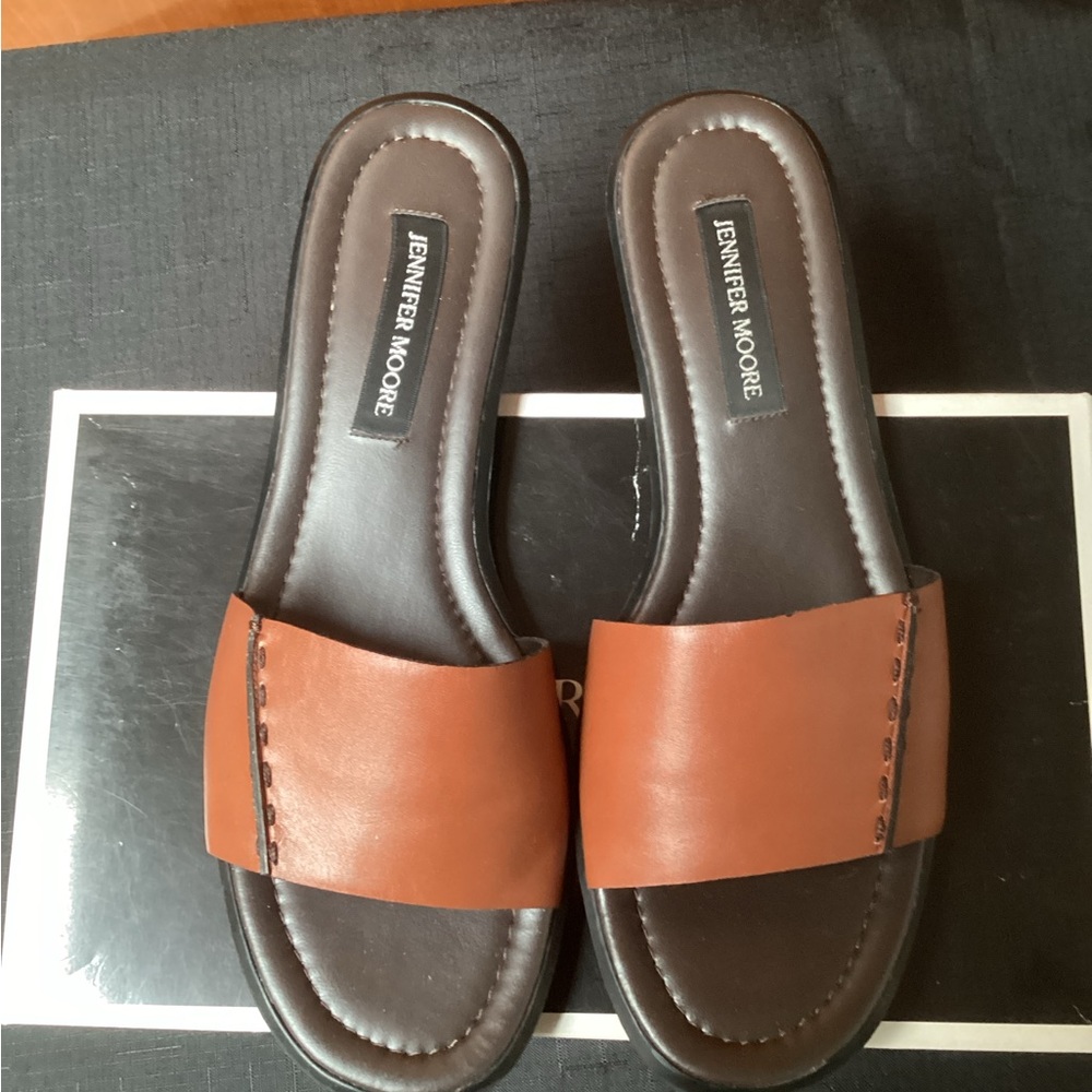 Jennifer Moore Brown Slide Sandals, leather upper, size 10